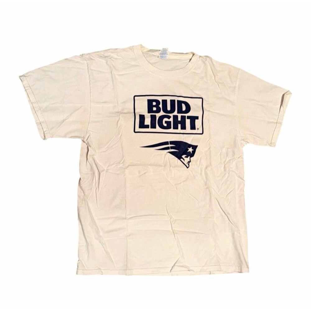 Vintage New England Patriots Bud Light Beer Promotion Tee Shirt White Size Large